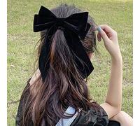Black Velvet Hair Bows for Women - Silky Satin Clips, Cute French Ribbon Long Tail Accessories for Wedding - Barrette Bowknot