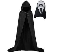 Black Velvet Hooded Cape Scream Ghost Mask Halloween Horror Fancy Dress 2 Pcs Set
