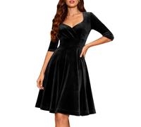 Black Velvet Party Dress Plus Size Long Sleeve Midi Dress Christmas Winter Wedding Guest A-Line V-Neck Cocktail Gown V-Black 2XL