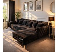 (Black Velvet, Right Hand Chaise) Luxury Chesterfield Chaise Sofa Longue Plush Velvet L Shape Corner Settee Couch