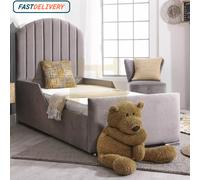 (Black Velvet) Round Panel Bed Frame Velvet Kids Bed with Mattress Safety Side Guard Rail