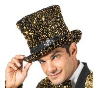 Black Velvet Top Hat with Golden Sequins - 19 cm Sparkle Costume & Party Accessory, Fancy Dress Hat for Adults