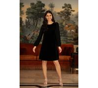 Black Velvet Tunic Dress with Pleated Balloon Sleeves And Tie Back Yumi Black 24