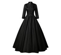Black Victorian Dress for Women Long Sleeve Vintage Renaissance Maxi Dress Gothic A Line Swing Fancy Ball Gown Halloween Cosplay Costume Medieval Stand Collar Button Front Rococo (Black, L)