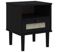 Bedside Cabinet Black 40x35x48 cm Solid Pine Wood Rattan Look Drawer with Handle