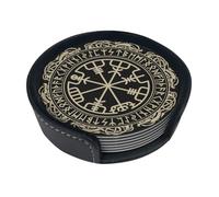 Black Viking Magical Vikings Coasters for Drinks Round Leather Coaster with Holder Set of 6 for Tabletop Protection Desk Accessories Office Home Room Decor