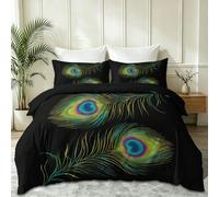 Black Vintage Light Luxury Duvet Cover, Peacock Feathers Heart Patterns Mirror Symmetry Bedding Set, Soft Microfiber Quilt Cover with Zipper Closure, Single Size 135 x 200 cm with 2 Pillowcases