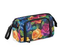 Black Vivid Colorful Roses School Pencil Case Large Capacity Compartment Pencil Case with Handle for Kids Preppy School