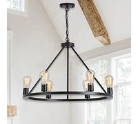 Black Wagon Wheel Chandelier, 6-Lights Round Metal Modern Chandeliers, Vintage Industrial Pendant Ceiling Light Fixture for Dining Room Living Room Kitchen Island Entryway Foyer Office