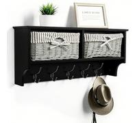 Black Wall Mounted Coat Rack with Shelf - 2 Grey Wicker Baskets & 5 Double Hooks - Hallway Entryway Organiser for Coats, Bags, Scarves, Hats & Keys - Space-Saving Storage H30 x W70 x D17cm
