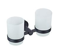 Black Wall-Mounted Dual Toothbrush Holder, All Brass Double Cup Holder with 2 Glass Cups Toothbrush Cups and Holder Bathroom Accessories Bath Accessories Decor, Matte Black Finish