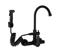 Black Wall-Mounted Kitchen Faucet with Swan Neck Dual Handle Pull-Down Sprayer Rotatable Design Modern Premium Quality Kitchen Tap for Home & Commercial Use