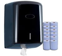 Black Wall Mounted Paper Towel Dispenser with 12 Centrefeed Blue Rolls
