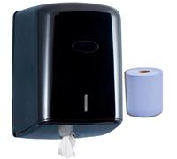 Black Wall Mounted Paper Towel Dispenser with a Centrefeed Blue Roll
