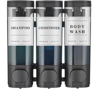 Black wall-mounted shampoo, conditioner, and body wash dispenser with 3 chambers. Perfect for keeping your shower organized and clutter-free