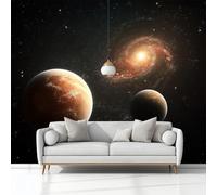 Black Wallpaper Mural Fantasy Space Galaxies Planets 350 x 256 cm - Children's Bedroom Non-Woven Wall Decor for Boys & Girls - Premium Art Print Poster for Nursery TV Wall, Ideal Gift (Glue Required)