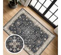 Black Washable 2x3 Entry Rug, Small Rugs for Entryway Kitchen Bathroom Door Mat Indoor Entrance, Non Slip Rubber Backing, Stain & Fade Resistant, Ashen Charcoal Floral Farmhouse Decor