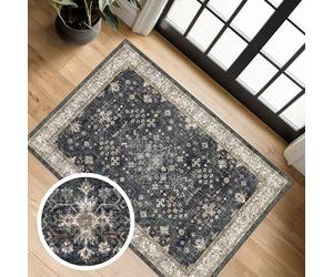 Black Washable 2x3 Entry Rug, Small Rugs for Entryway Kitchen Bathroom Door Mat Indoor Entrance, Non Slip Rubber Backing, Stain & Fade Resistant, Ashen Charcoal Floral Farmhouse Decor