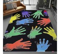 Black Washable Area Rug 120 x 160 cm, Simple Illustration Color Handprints Printed Design Short Lint Non-Slip Backing Carpet For Living Room, Open-Plan Lounge Tea Rooms Country Estates Outdoor Rug