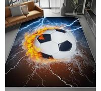 Black Washable Area Rug 160 x 230 cm, Fantasy Thunder Football Photography Printed Design Short Lint Non-Slip Backing Carpet For Living Room, Open-Plan Lounge Tea Rooms Country Estates Outdoor Rug