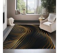 Black Washable Area Rug 60 x 120 cm, Simple Gradient Curve Lines Printed Design Short Lint Non-Slip Backing Carpet For Living Room, Open-Plan Lounge Tea Rooms Country Estates Outdoor Rug