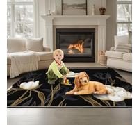 Black Washable Area Rug for Living Room 120 x 180 cm, Plants White Roses Elegant Soft Touch Short Pile Style Carpet Area Rugs Non Shedding Short Pile Floor Carpet for Bedroom Dining Room
