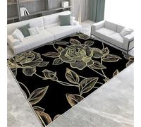 Black Washable Area Rugs Gold Line Rose Flower Area Rug For Living Room 140 X 200 Cm Soft Faux Short Pile Carpet Mat Durable Enough Foldable Apply To Bedroom Dining Room,160 X 230 Cm