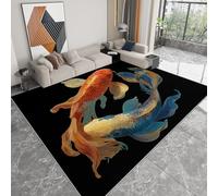 Black Washable Rugs 80 x 150 cm, Chinese Art Fish Pattern Print Carpet, Soft Easy-Care Rug Short Pile Carpets for Bedroom Dining Room Kitchen