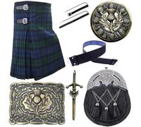 Black Watch Tartan Kilt for Men, Scottish Thistle Black Sporran - Leather Kilt Belt - 06 Pieces Traditional Highland Kilt Outfit - Hose Flashes, Pin Brooch (Belly Button - 48 Inch)
