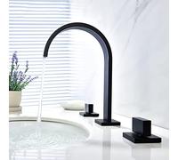 Black Waterfall Basin Tap - 3-Hole Wide Flat T Mixer Double Handle Copper Faucet for Bathroom Sink Stylish Modern Design for Enhanced Water Flow
