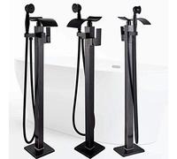 Black Waterfall Bathtub Faucet Floor Mounted Brass Square Bath Shower Set with Handshower Freestanding Tub Sink Tap Clawfoot