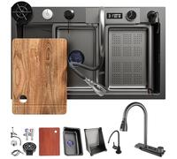 Black Waterfall Kitchen Sink - Rectangular Stainless Steel Basin with Siphon, Overflow and Drain Set Modern Multifunctional Design