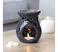Black Wax Melt Burner - Small, Lustre Mosaic Crackle Glass Oil Burner Single Tea Light Candle Holder Aroma Decoration Gift Lamp