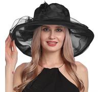 Black Wedding Hat Women's Organza Fascinators Tea Party Wedding Wide Brim Sun Hat with Mesh Flower Decorative Church Derby Hats for Women Flower Kentucky Fascinator