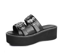 Black Wedge Heel Platform Summer Sandals Gothic Bat Deco Open Toe Slippers Metal Skulls Studs Buckles Slides For Women Size 3UK-8UK