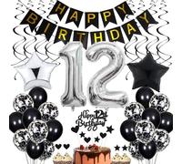 Black & White 12th Birthday Cake Decoration - Boy & Girl Theme, Includes Cake Toppers & Table Decor