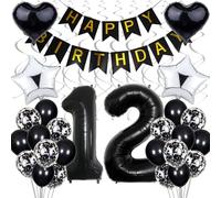 Black & White 12th Birthday Decoration - Silver & Black Party Pack for Boy & Girl