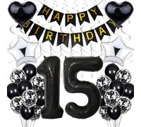 Black & White 15th Birthday Decoration - Boy & Girl, Silver & Black Balloons, Party Decoration for 15 Years Celebration