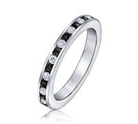 Black White Alternating Stackable CZ Channel Set Eternity Band Ring Simulated Onyx For Women For Teen Sterling Silver