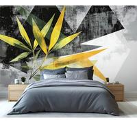 Black White and Gray Wallpaper, Patchwork Geometry Wallpaper for Living Room Retro Leaves Bedroom Wallpapers, Ink Splash Plants 3D Photo Murals for Kitchen Decor, 350x256cm (Not Peel and Stick)