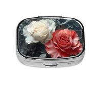 Black White and Red Roses Mini Pill Box Metal Travel Medicine Organizer with 2 Compartments Pocket-Sized Pill Container