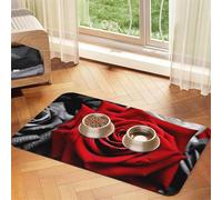 Black White and Red Roses Pet Feeding Mat Absorbent Pu Leather Dog Cat Food Mats Contain Spills Protects Floors, Anti-Slip Rubber Backing Dog Bowl Mats Easy Clean Pet Placemats 30x45cm
