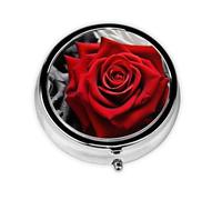 Black White and Red Roses Pill Box Metal Round Small Pill Case Cute 3 Compartment Pill Organizer Portable Travel Pillbox Mini Pill Container Holder for Daily Medicine Supplement Vitamin