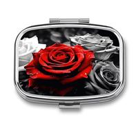 Black White and Red Roses Pill Case Portable Medicine Organizer Compact Travel Pill Box Small Metal Medicine Box for Purse Pocket Pill Container Holder 2 Compartments Medication Holder