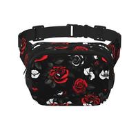 Black White and Red Roses Print Fashion Waist Packs Square Layer Waist Bag Black Belt Bag with Adjustable Strap, Black, One Size
