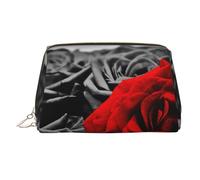 Black White and Red Roses Print Makeup Bag Portable Leather Waterproof Cosmetic Bag Clutch Makeup Brush Bag (6.7x4.3in)