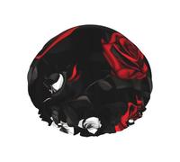 Black White and Red Roses Print Shower Cap, Shower Cap for Women Reusable, Waterproof Bath Cap,Quick Drying Bath Hair Cap
