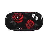 Black White and Red Roses Print Stylish School Students Pencil Bag Reusable Pens Makeup Toiletry Case Easy Access