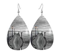 Black White Beach Pier Print Leather Earring for Women - Lightweight Dangle Earrings, Fashion Statement Costume Jewelry