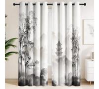 Black & White Blackout Curtains Eyelet with Ink Painting Mountains Rivers Bamboo Pattern, Darkening Drapes for Oriental Poetic, Minimalist Window Treatment with Grommets, W 66" x L 54" 2 Panels